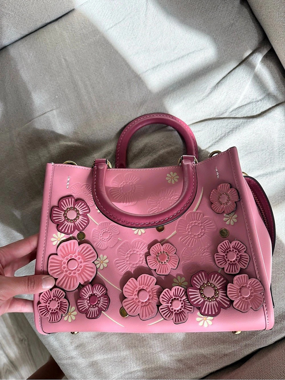Coach Rogue 25 with Tea Rose Appliqué Floral Satchel Pink